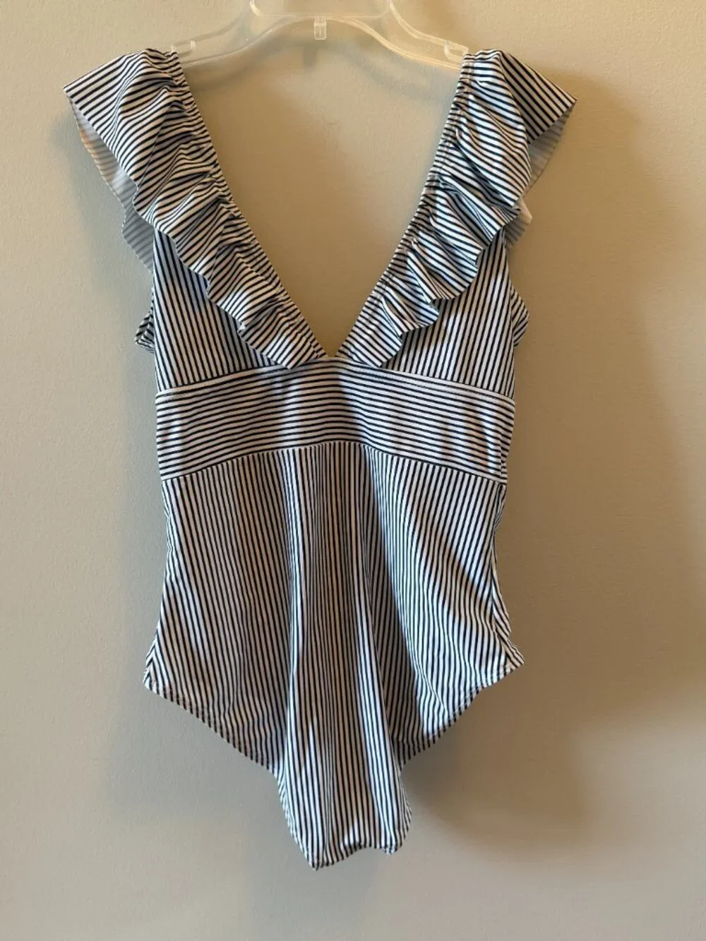 Blue & White Striped Ruffle One-Piece Swimsuit Size Large Coastal Beach Swimwear